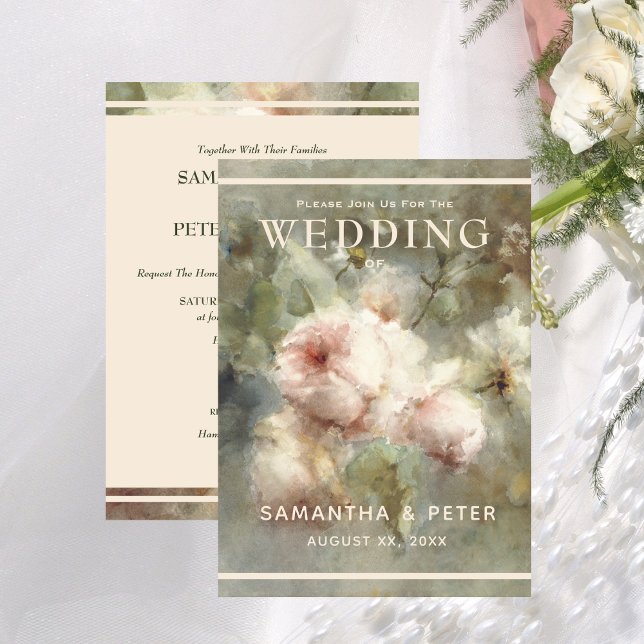 Invitación Elegantes Rosas antiguos, suave color de agua rosa (Elegant Antique Roses, Soft Pink Watercolor Floral Invitation)