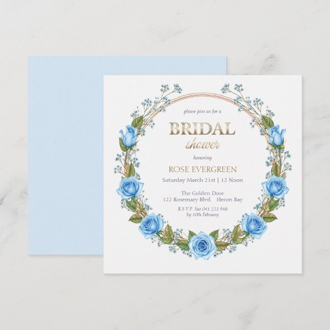 Invitación Elegantes Rosas azul turbulento y respiro de bebé (Anverso / Reverso)