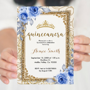 Invitación Elegantes Rosas azules Floral Gold Mis Quince