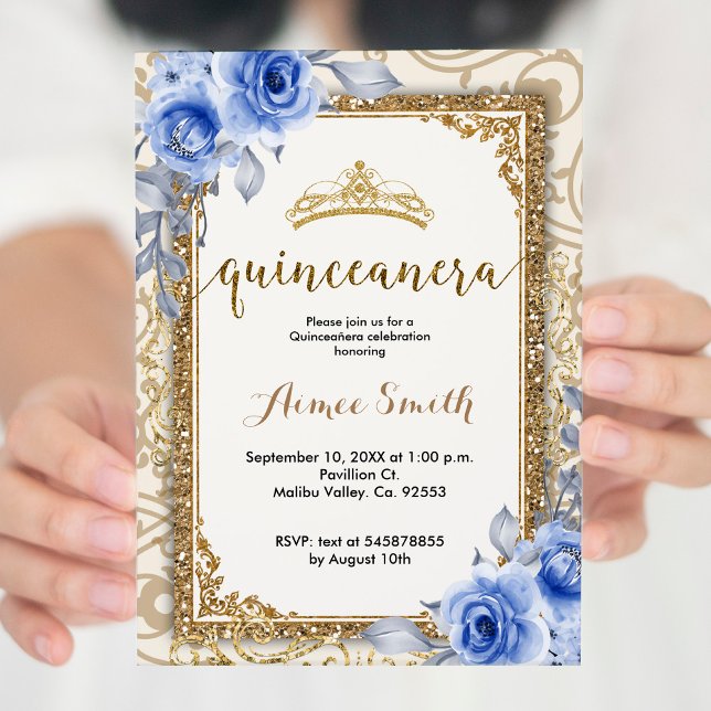 Invitación Elegantes Rosas azules Floral Gold Mis Quince (Subido por el creador)