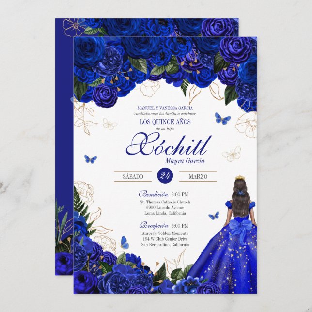 Invitación Elegantes Rosas Azules Mariposa Quinceañera (Anverso / Reverso)