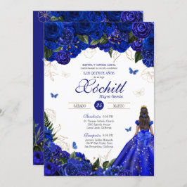 Invitación Elegantes Rosas Azules Mariposa Quinceañera