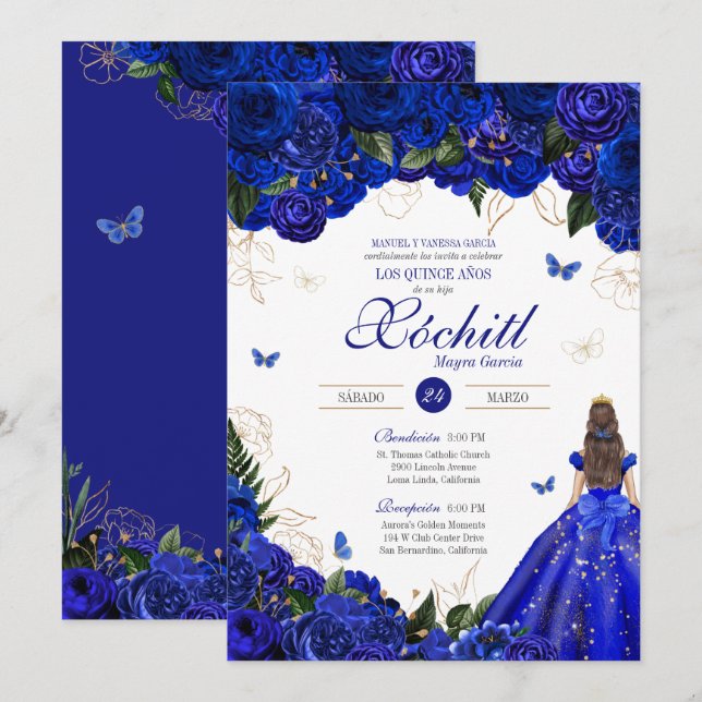 Invitación Elegantes Rosas Azules Mariposa Quinceañera Inv (Anverso / Reverso)