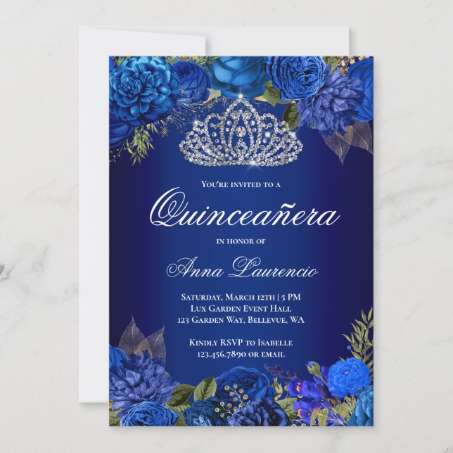 Invitación Elegantes Rosas azules reales Diamond Tiara Quince (Anverso)