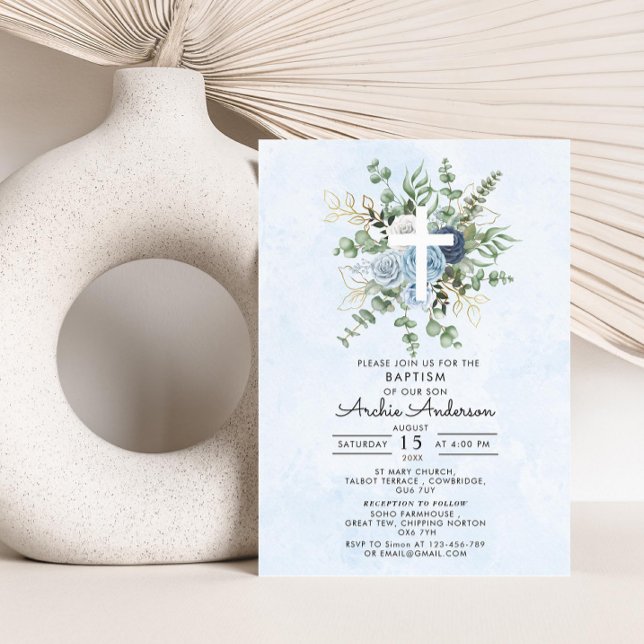 Invitación Elegantes Rosas Azules Verdor Baptismo Christening (Subido por el creador)