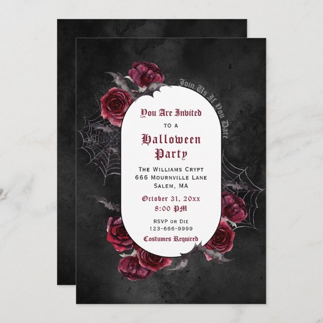 Invitación Elegantes Rosas Bats Halloween (Anverso / Reverso)