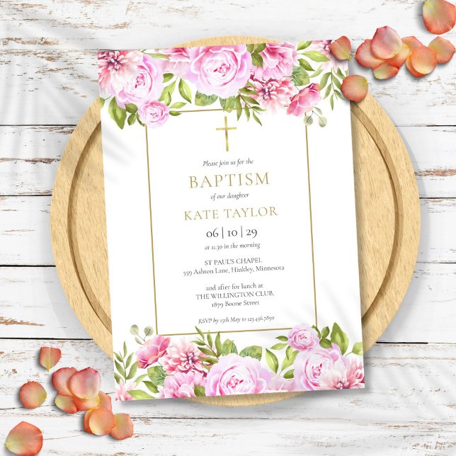 Invitación Elegantes Rosas Bautismo Floral Christening (Elegant Roses Floral Baptism Christening Invitation)