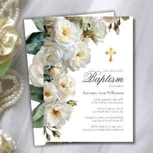 Invitación Elegantes rosas blancas con bautismo cruzado de or