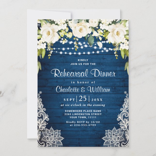 Invitación Elegantes rosas blancas encajan Rústica cena de en (Anverso)