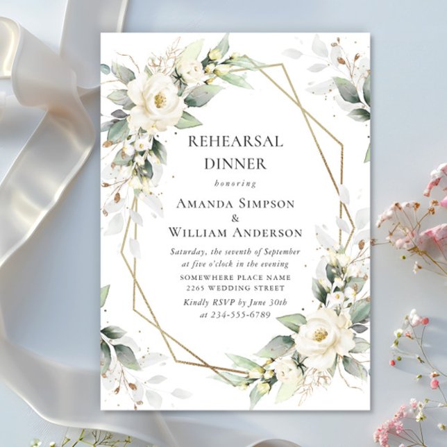 Invitación Elegantes rosas blancas Eucalipto Cena de ensayo (Subido por el creador)