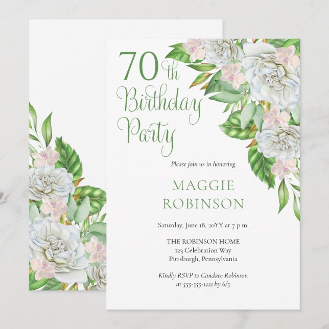Invitación Elegantes rosas blancas | Fiesta de cumpleaños 70  (Anverso / Reverso)