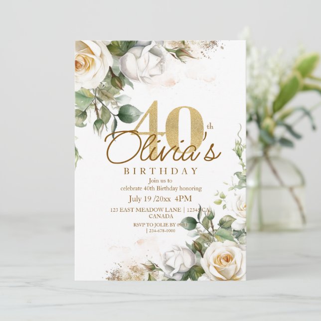 Invitación Elegantes rosas blancas florales y oro 40 cumpleañ (Anverso de pie)