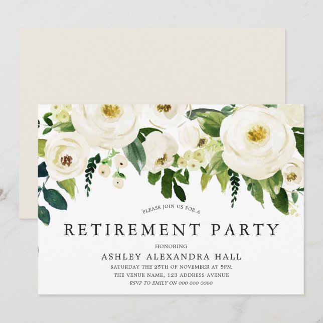 Invitación Elegantes rosas blancas hermosas Fiestas de retiro (Anverso / Reverso)