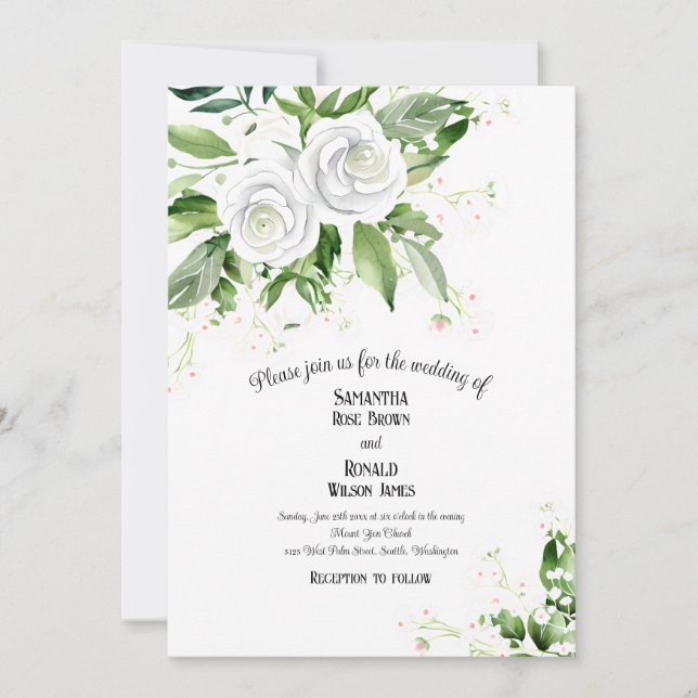 Invitación Elegantes rosas blancas y Boda de aliento del bebé (Anverso)