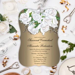 Invitación Elegantes rosas blancas y Boda floral de bronce pá