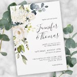 Invitación Elegantes rosas blancas y Boda floral de Hydrangea<br><div class="desc">Con un popular esquema de color neutro, este diseño de invitación a la boda presenta un ramo en cascada de flores de color blanco con vegetación. Las flores incluyen rosas, hortensias y flores mixtas a juego para un efecto encantador. Los emparejamientos de texto utilizados en este diseño presentan los nombres...</div>