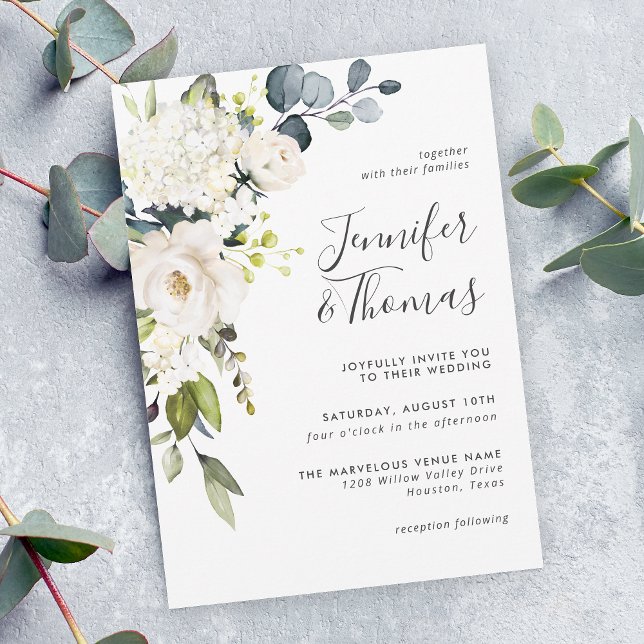 Invitación Elegantes rosas blancas y Boda floral de Hydrangea (Subido por el creador)