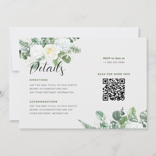 Invitación Elegantes rosas blancas y detalles de Bodas verdes (Anverso)