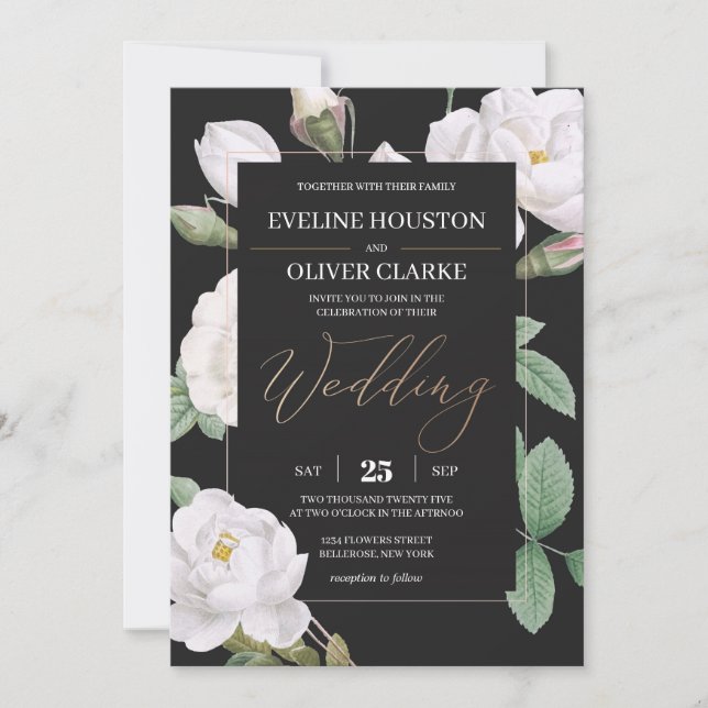 Invitación Elegantes rosas blancas y florales de fondo negro (Anverso)