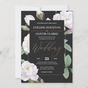 Invitación Elegantes rosas blancas y florales de fondo negro
