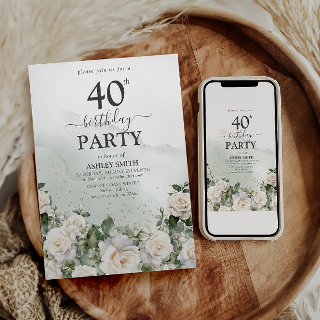 Invitación Elegantes rosas blancas y vegetación 40 cumpleaños (Subido por el creador)