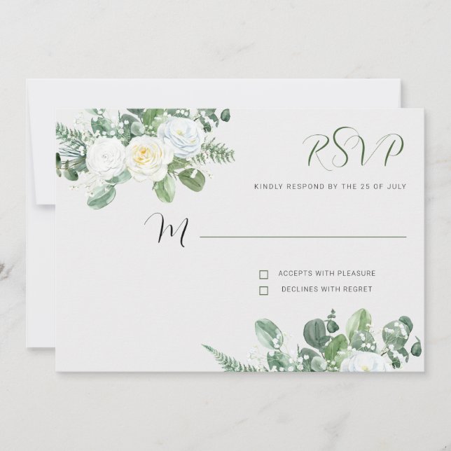 Invitación Elegantes rosas blancas y verde RSVP (Anverso)