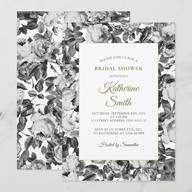 Invitación Elegantes Rosas blancos negros ducha de novia (Anverso / Reverso)