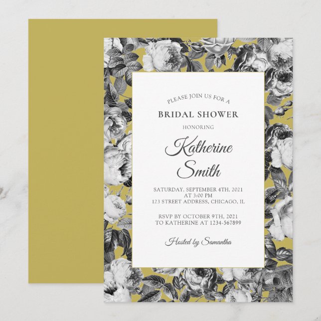 Invitación Elegantes Rosas blancos negros en ducha de novias  (Anverso / Reverso)