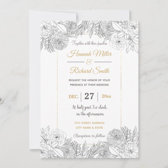 Invitación Elegantes Rosas blancos negros y flores de Marigol (Anverso)