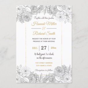 Invitación Elegantes Rosas blancos negros y flores de Marigol