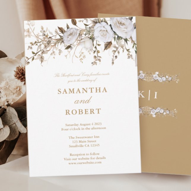 Invitación Elegantes Rosas blancos y dorados Escudo de la épo (Subido por el creador)