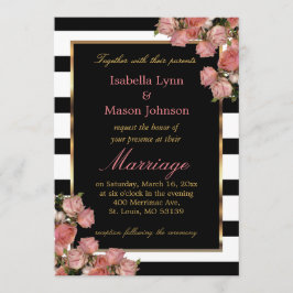 Invitación Elegantes Rosas Bodas rosados franjas negra y blan