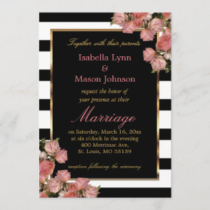 Invitación Elegantes Rosas Bodas rosados franjas negra y blan