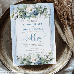 Invitación Elegantes Rosas Boho Dusty Blue White Silver Peoni