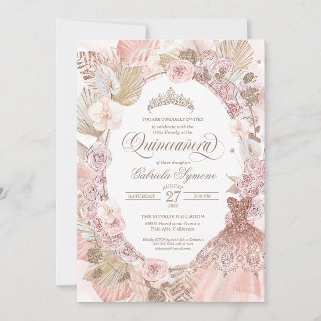 Invitación Elegantes Rosas Boho Pink Dried Floral Quinceanera (Anverso)