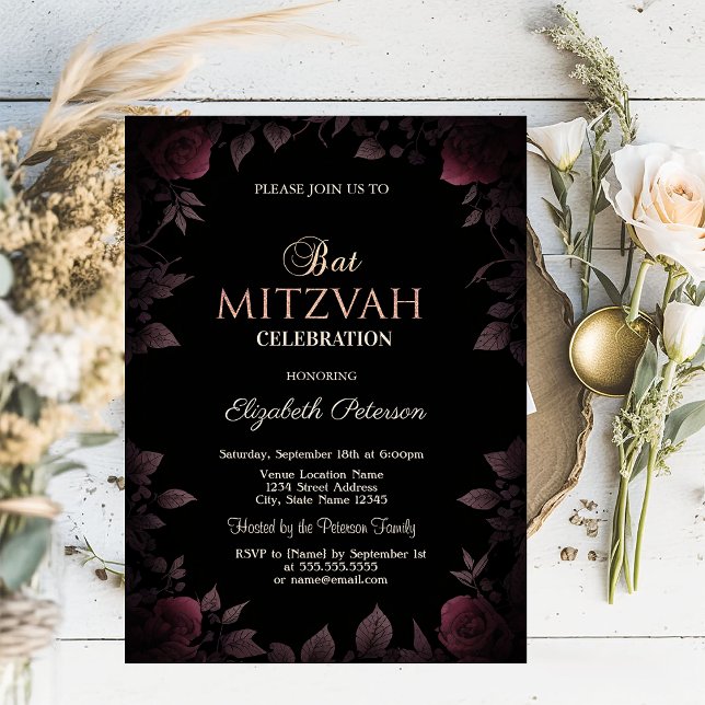 Invitación Elegantes Rosas Borgoña Oscura Black Bat Mitzvah (Subido por el creador)