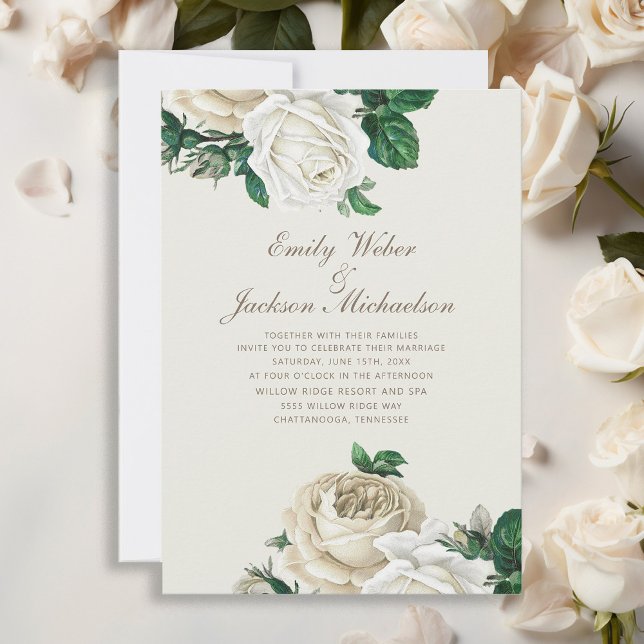 Invitación Elegantes Rosas botánicos Boda de crema floral bla (Elegant white vintage roses and greenery wedding invitation)