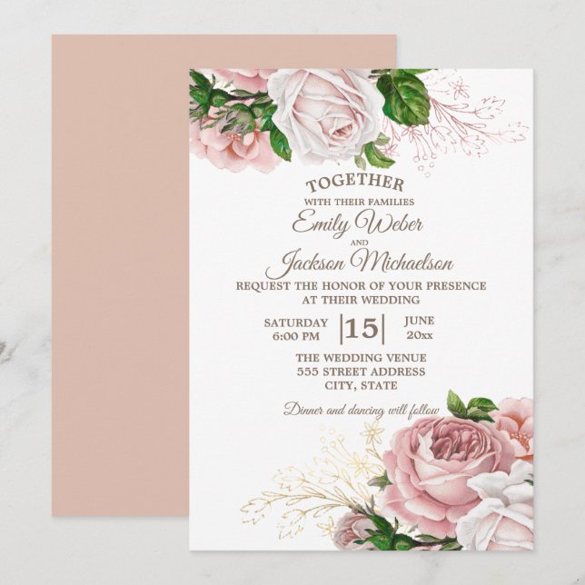Invitación Elegantes Rosas botánicos rosados florales Boda bl (Anverso / Reverso)