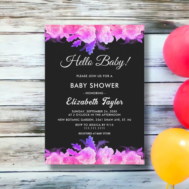 Invitación Elegantes Rosas brillantes Neon Modern Floral Baby (Subido por el creador)