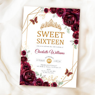 Invitación Elegantes Rosas Burgundy Dulces 16 Oro