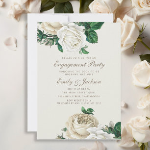 Invitación Elegantes Rosas Compromiso con Crema Floral Blanca