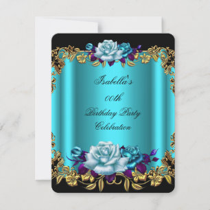 Invitación Elegantes Rosas Cumpleaños Azul Turquesa Dorado Pú
