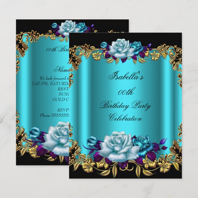 Invitación Elegantes Rosas Cumpleaños Azul Turquesa Dorado Pú (Anverso / Reverso)