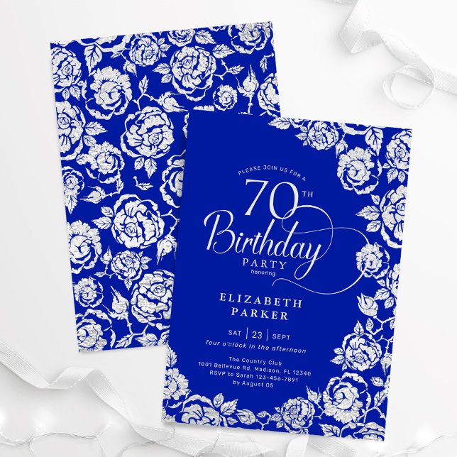 Invitación Elegantes Rosas de 70 años de la Plata Azul Real (Subido por el creador)