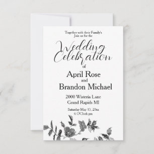 Invitación Elegantes rosas de acuarela blanca y negra floral