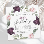 Invitación Elegantes Rosas de acuarela Floral 40 cumpleaños<br><div class="desc">Una suave y lujosa invitación a la fiesta de cumpleaños número 40 donde el punto focal es una corona de delicados rosas acuarelas pintadas con suaves rosados y ricas púrpura de ciruelas entrelazadas con brotes de verdor espeso. Estos elementos florales enmarcan el texto con un toque romántico y elegante. El...</div>