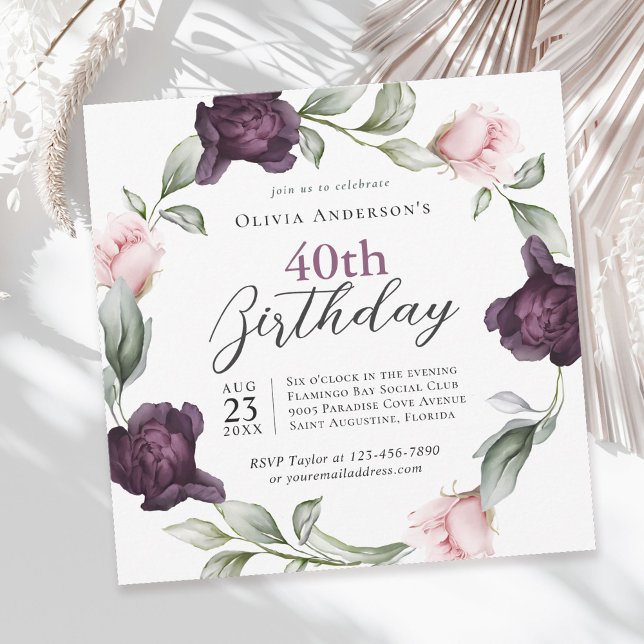 Invitación Elegantes Rosas de acuarela Floral 40 cumpleaños (Available in both printed and instant download digital formats.)