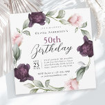 Invitación Elegantes Rosas de acuarela Floral 50 cumpleaños<br><div class="desc">Una suave y lujosa invitación a la fiesta de cumpleaños número 50 donde el punto focal es una corona de delicados rosas acuarelas pintadas con suaves rosados y ricas púrpura de ciruelas entrelazadas con espinas de verdor. Estos elementos florales enmarcan el texto con un toque romántico y elegante. El diseño...</div>