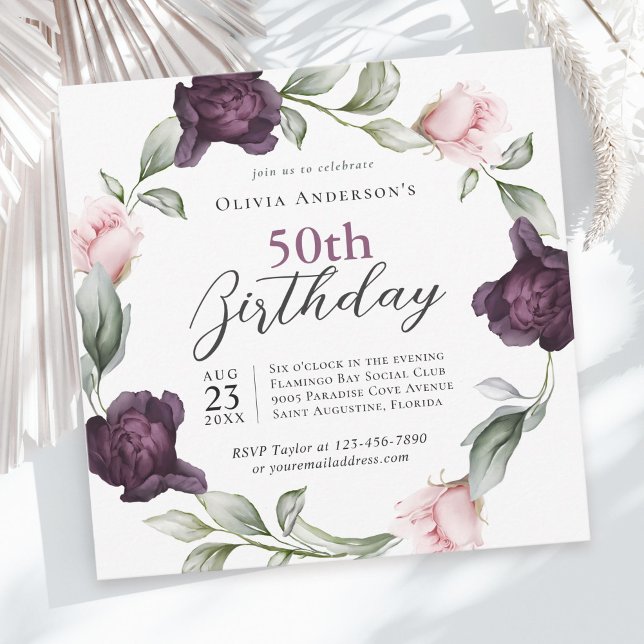 Invitación Elegantes Rosas de acuarela Floral 50 cumpleaños (Available in both printed and instant download digital formats.)
