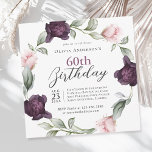 Invitación Elegantes Rosas de acuarela Floral 60 cumpleaños<br><div class="desc">Una suave y lujosa invitación a la fiesta de cumpleaños número 60 donde el punto focal es una corona de delicados rosas acuarelas pintadas con suaves rosados y ricas púrpura de ciruelas entrelazadas con brotes de vegetación espumosa. Estos elementos florales enmarcan el texto con un toque romántico y elegante. El...</div>